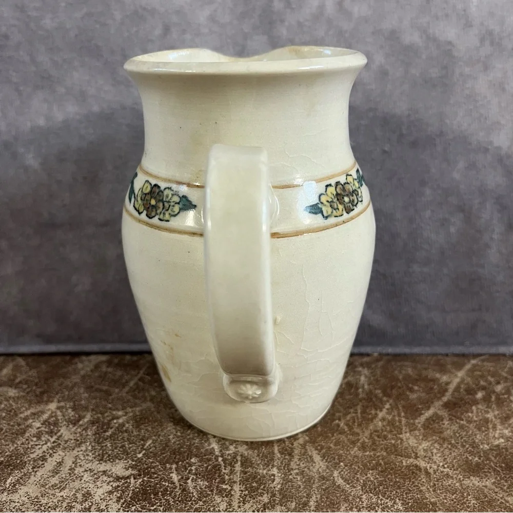 Suci Creamer Pottery Vase Signed Tan Color with Floral Design Approx 3‎ X 5 Inch